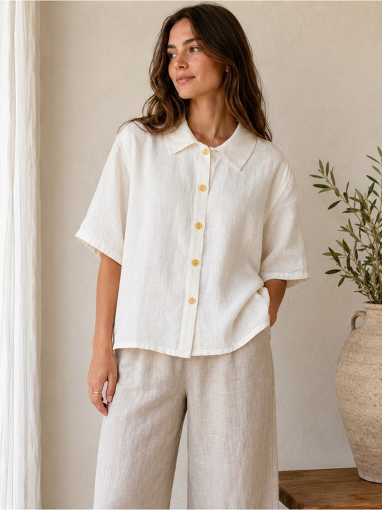 Flax Tops - FLAX 100% Linen Button Front Shirt Oversized Ivory Boxy Top Large 90s Summer